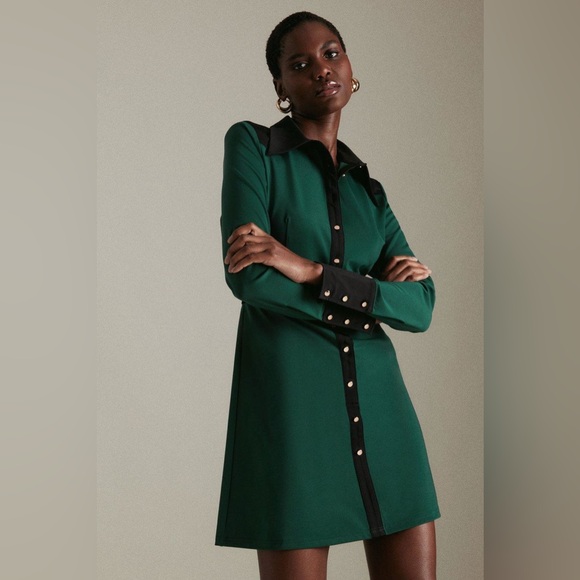 Karen Millen Emerald Green Shirt Dress with Black Trim - Picture 2 of 15
